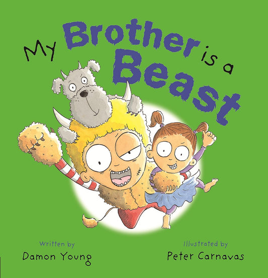 Book cover of 'My Brother is a Beast' with cartoon characters on a green background