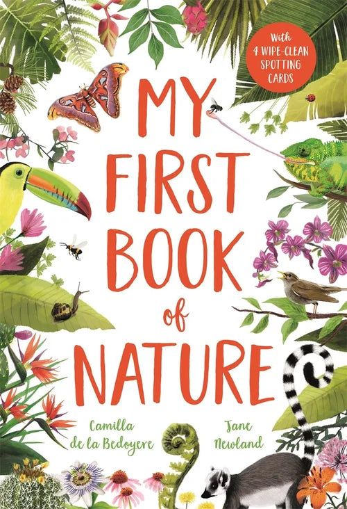 Book cover of 'My First Book of Nature' with colorful animals, plants, and text.
