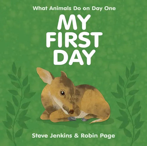 Book cover of 'My First Day' with a deer illustration on a green background
