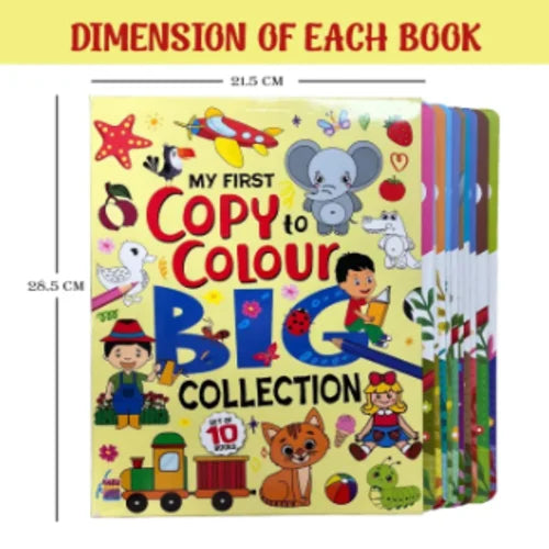 Children's book titled 'My First Copy to Colour Big Collection' with dimensions and a stack of books.