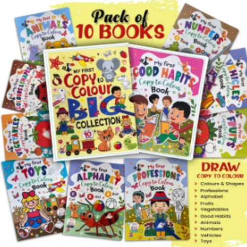 Pack of 10 educational coloring books for children on a yellow background