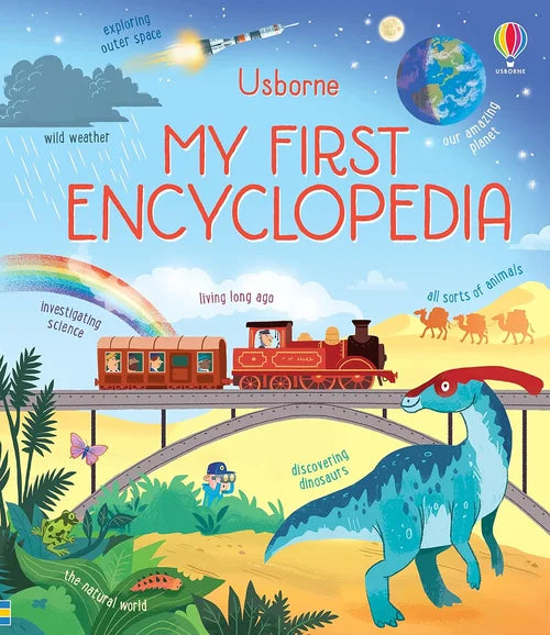 Book cover of 'My First Encyclopedia' by Usborne with a dinosaur, train, and space theme.
