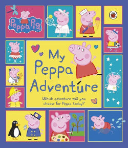 Cover of 'My Peppa Adventure' book with Peppa Pig illustrations on a blue background