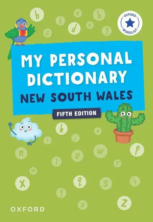 Children's dictionary book titled 'My Personal Dictionary New South Wales' with cartoon characters on a green background.