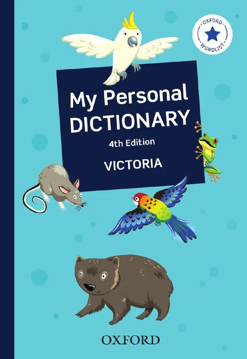 Children's dictionary with illustrations of animals on a blue background