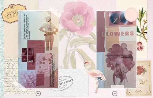 Collage of floral and nature-themed images with text on a light pink background