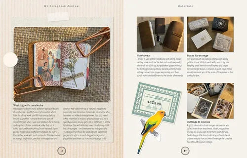 Product catalog page with notebooks, clips, and a bird illustration.