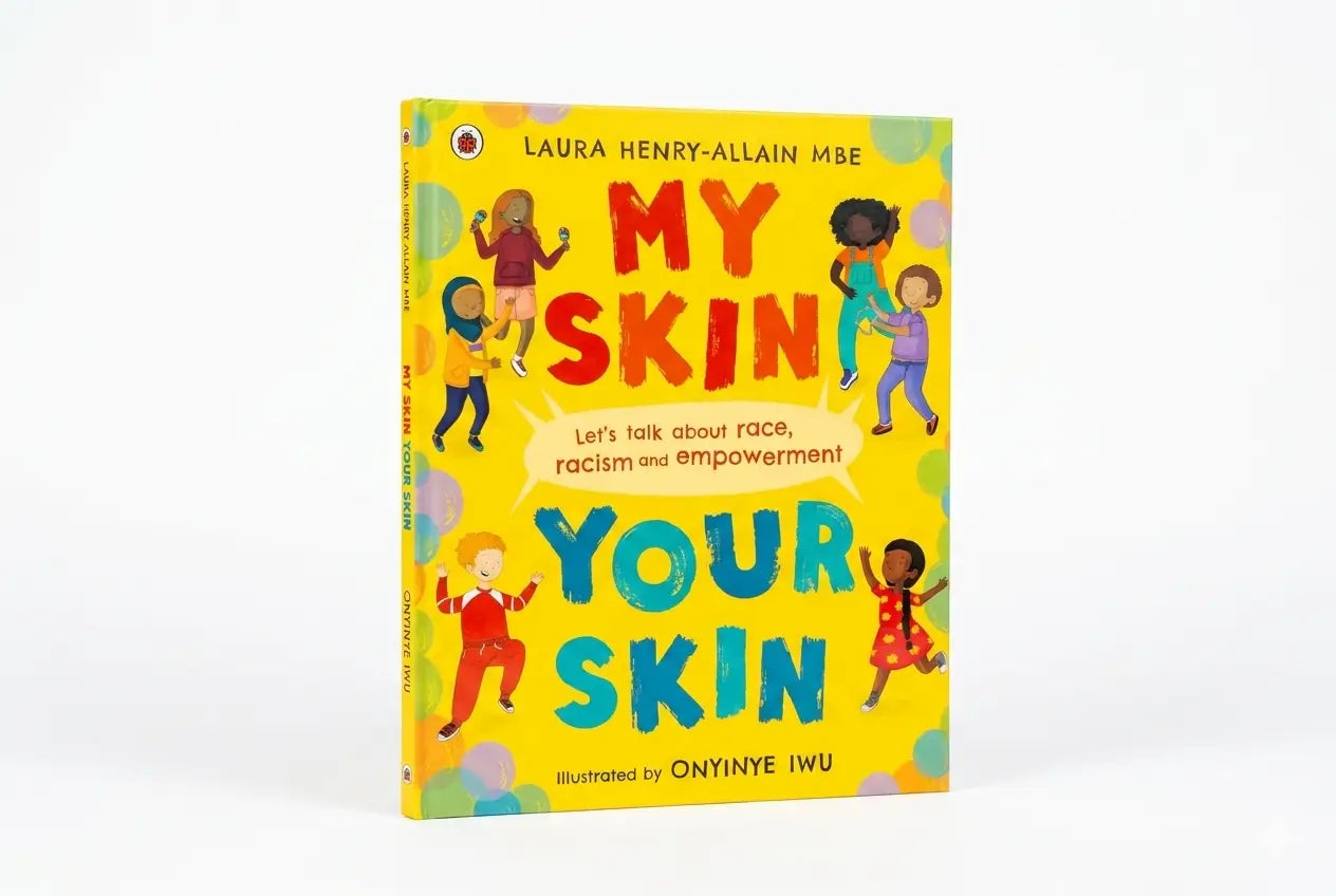 Book cover of 'My Skin, Your Skin' with colorful illustrations on a yellow background