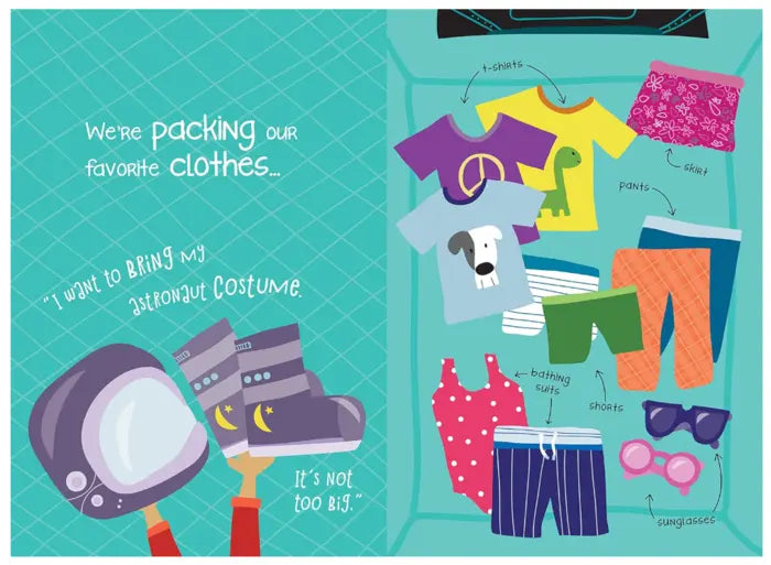 Illustration of children's clothing and accessories with text on a teal background