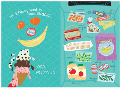 Illustrated snack packaging with text on a blue background