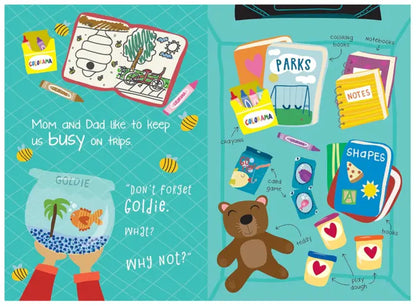 Children's book or educational material with illustrations of books, a teddy bear, and toys on a teal background.