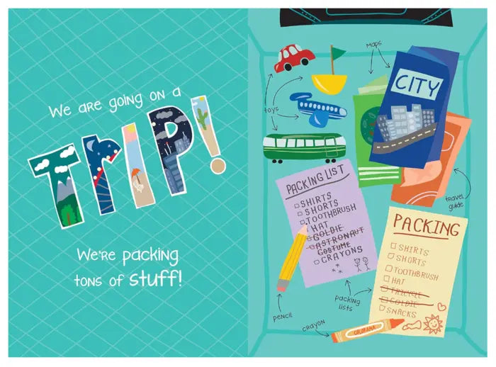 Children's book cover with travel-themed illustrations and text on a teal background