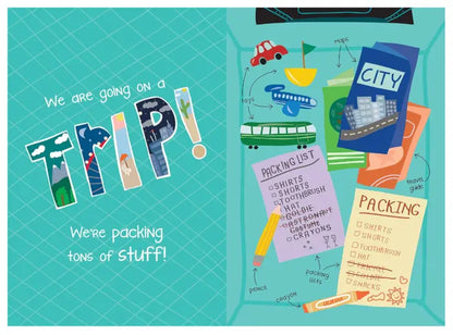 Children's book cover with travel-themed illustrations and text on a teal background