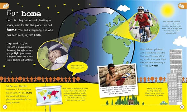 Educational illustration about Earth with various scenes and text.