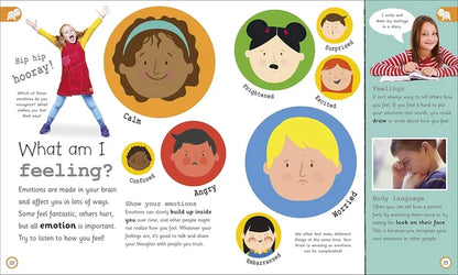 Educational children's book page about emotions with colorful illustrations and text.
