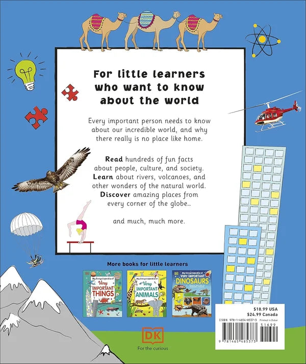Back cover of a children's book with illustrations and text about learning about the world.