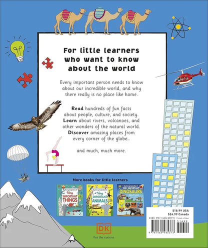 Back cover of a children's book with illustrations and text about learning about the world.