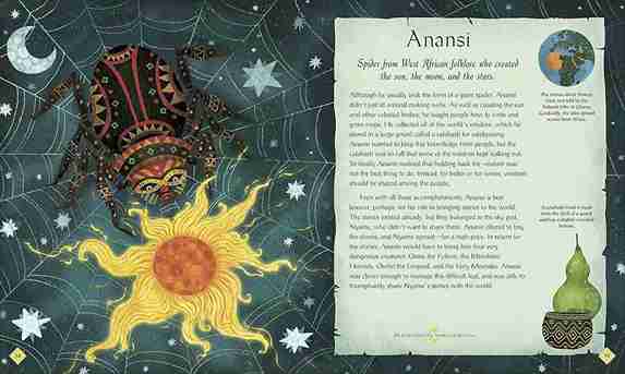 Illustration of a spider with a mask, sun, and moon on a celestial background with text about Anansi.