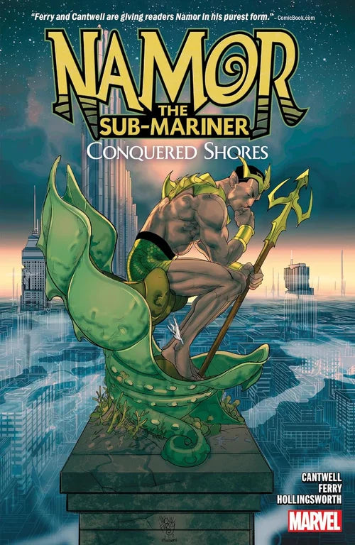 Comic book cover featuring Namor the Sub-Mariner with a cityscape background