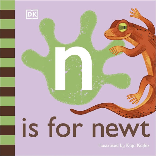 Cover of the children's book 'N is for Newt' featuring an illustration of a newt on a purple background with a large letter 'N'.