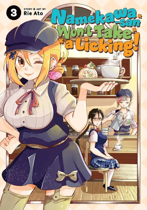 Cover of 'Namekawa-san Won't Take a Licking!' with an anime character serving tea.