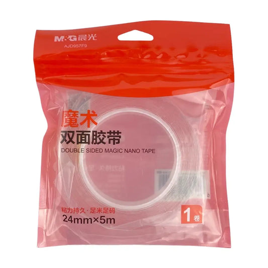 A package of double-sided magic nano tape, 24mm x 5m, in a clear plastic bag with a bright orange header. The tape itself is visible through the transparent center of the packaging.