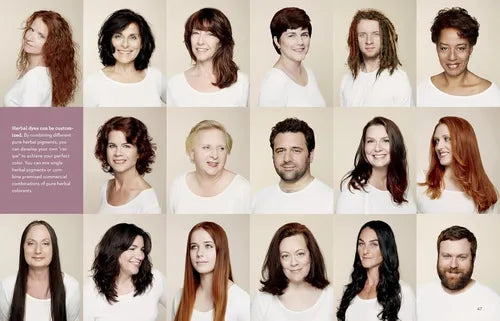 Grid of people with different hairstyles on a beige background
