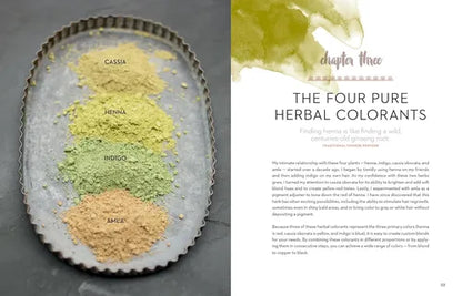 Herbal colorants including cassia, henna, indigo, and ammi on a tray with text about pure herbal colorants.