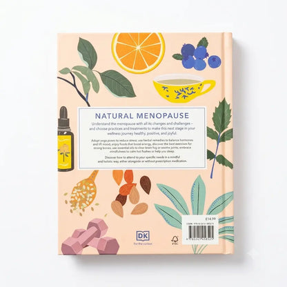 The back cover of a DK For The Curbs Natural Menopause book, featuring a light peach background decorated with botanical illustrations of leaves, an orange slice, blueberries, and seeds, alongside a small illustration of a dropper bottle and pink dumbbells.