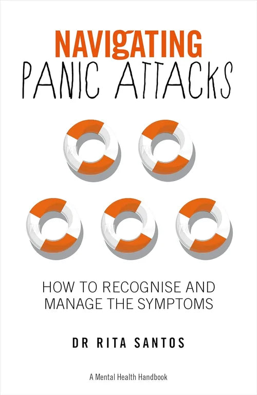 Book cover of 'Navigating Panic Attacks' by Dr. Rita Santos with life buoy graphics on a white background.