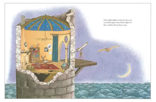 Illustration of a room with a telescope and a pterodactyl flying over water.