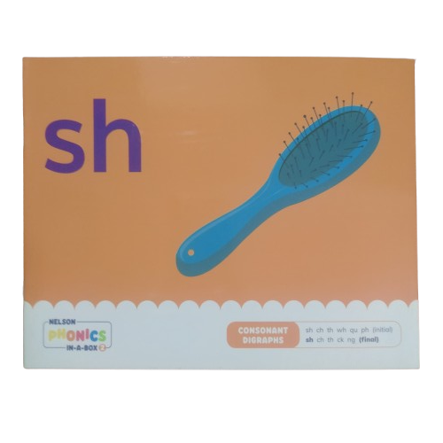 Educational book about the phonics sound 'sh' with a blue brush illustration on an orange background.