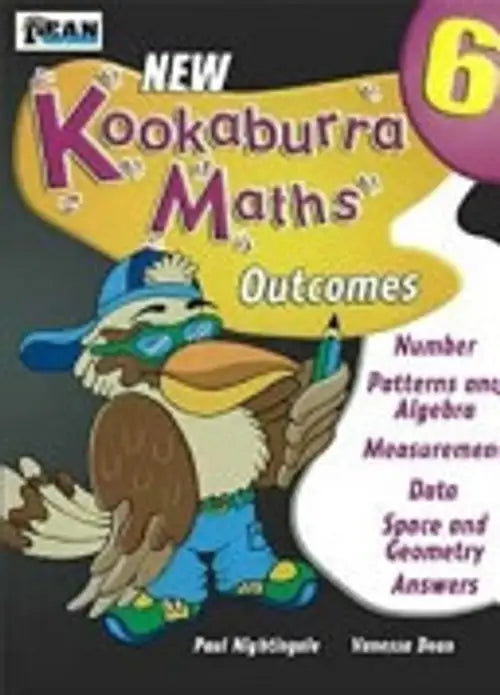 Book cover of 'New Kookaburra Maths Outcomes' with a cartoon duck character on a black background.