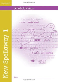 Spelling workbook titled 'New Spellaway 1' by Schofield & Sims with a purple and yellow design.