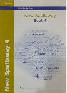 Book titled 'New Spellaway Book 4' with a yellow spine and blue header, featuring text and graphics on the cover.