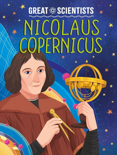 Book cover featuring Nicolaus Copernicus with a space-themed background