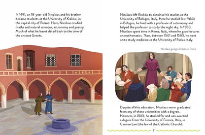 Illustrated book page with a historical scene of a lecture in Rome, architectural details, and text.