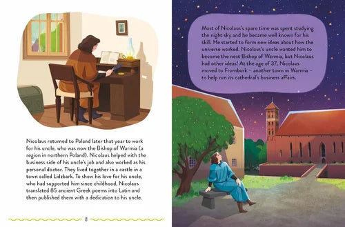 Illustrated book page with a person at a desk and a cathedral in the background.