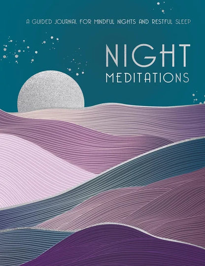 Book cover of 'Night Meditations' with wavy landscape design and moon on a blue background