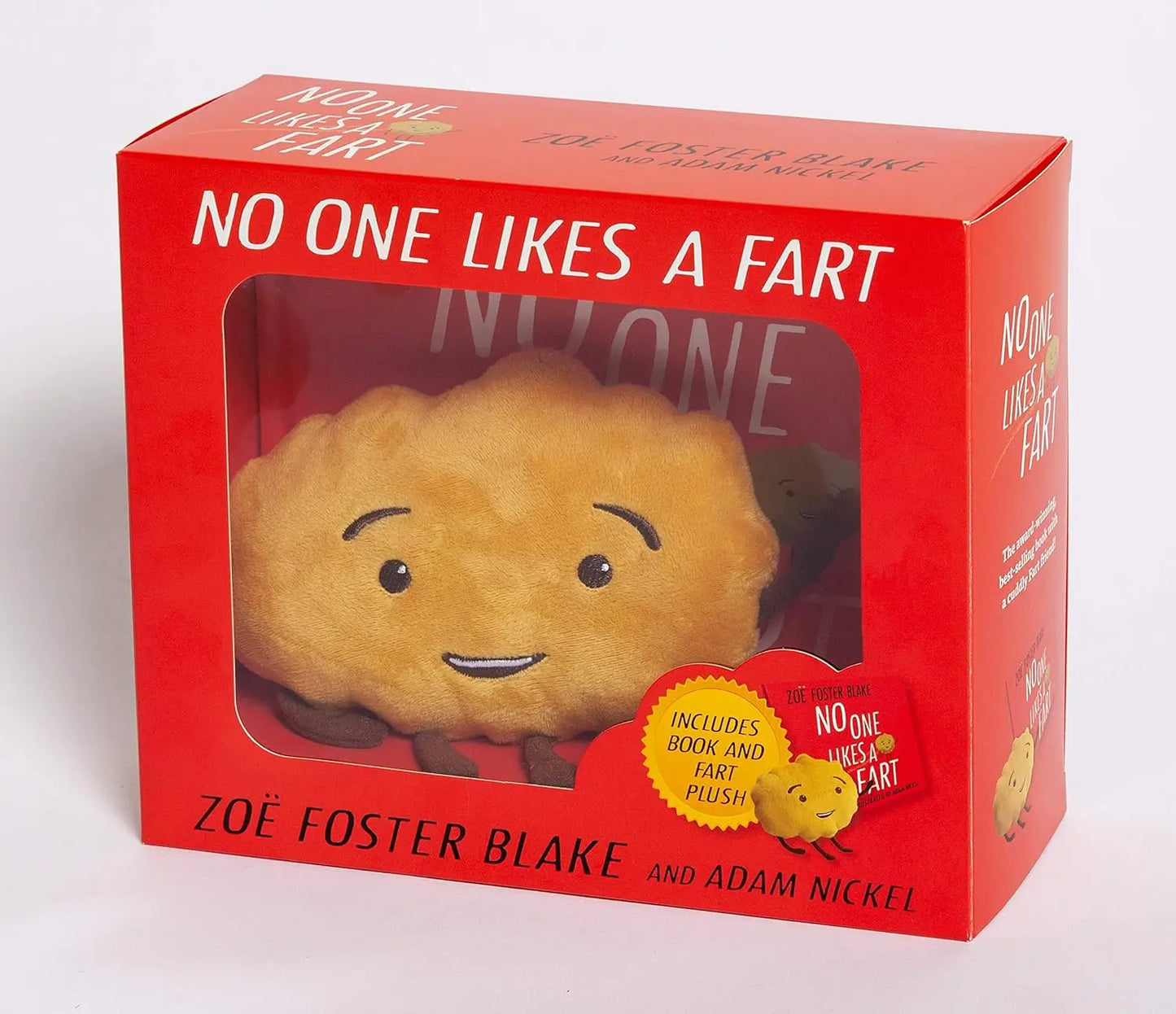 Plush toy with a red box featuring 'No One Likes a Fart' text and branding.