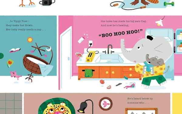 Children's book page with cartoon characters in a bathroom setting