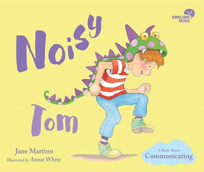 Book cover of 'Noisy Tom' with a child character and dragon costume on a yellow background.