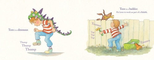 Illustration of a child in dinosaur costume playing with another child by a fence.
