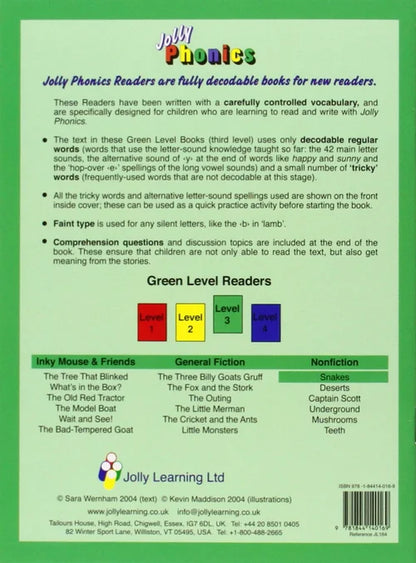 Back cover of Jolly Phonics reader with text and color-coded levels on a green background