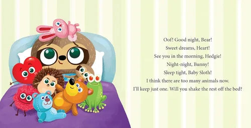 Illustration of a teddy bear in bed with various small animals, accompanied by a bedtime story text.