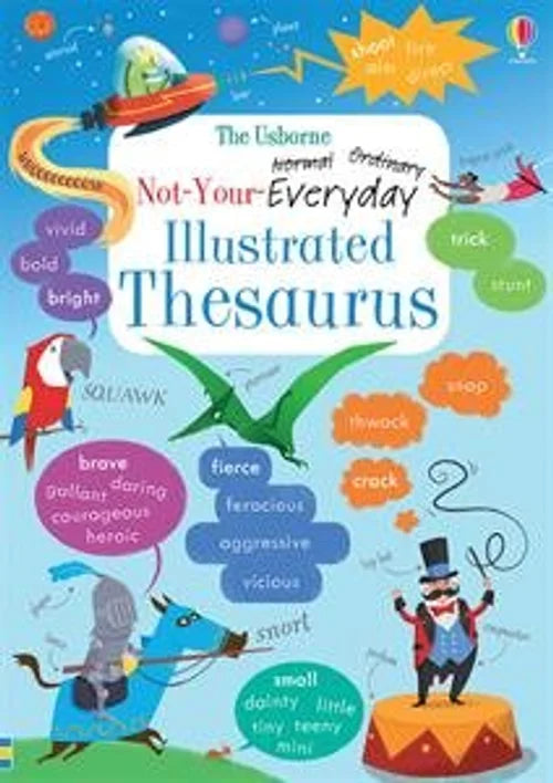 Book cover of 'Not Your Everyday Illustrated Thesaurus' with colorful illustrations and text.