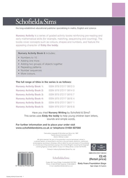 Back cover of a educational book series by Schofield & Sims with text and branding.