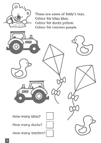 Coloring page with toys and kites, including text instructions and questions.