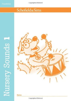 Book cover of 'Nursery Sounds 1' by Schofield & Sims with a cartoon dog playing drums.