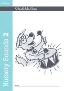 Book cover of 'Nursery Sounds 2' by Schofield & Sims with a cartoon dog playing drums.